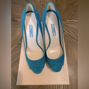 Prada Peep Toe Heels in Turquoise/Teal Suede